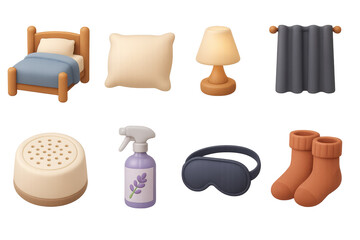 Sleep essentials icons set – 3d design, bedtime and relaxation symbol collection