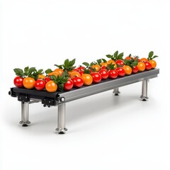 Red and Orange Cherry Tomatoes on a Stainless Steel Conveyor Belt