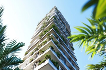 Obraz premium Modern luxury apartment building with green balconies against a clear sky backdrop providing a stunning architectural view