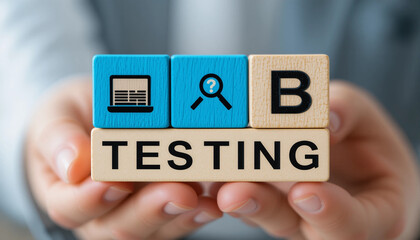 Man using smartphone and virtual touchscreen sees inscription AB TESTING. AB testing wireframe campaign for web website home homepage. AB Testing Method. Internet pages A-B comparison