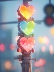 Heart shaped traffic light with pastel colors, bokeh and tilt shift effect.