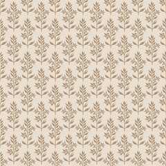 Elegant Vintage Botanical Fabric Design Featuring Repeating Hand-Drawn Floral Motifs in Earthy Brown Tones on a Soft Beige Background. Perfect for Classic Home Decor and Textiles.