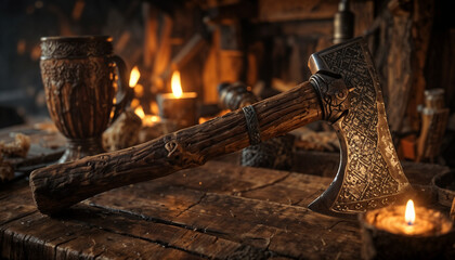 Intricately Carved Medieval Axe with Runic Designs in Warm Candlelight