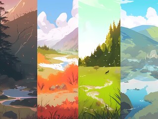 Vibrant landscape collage featuring mountains, forests, riverbanks, and fields