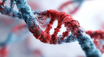 Close-up of a red and blue DNA double helix on a white background
