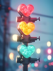 Anime illustration of heart-shaped traffic light, colored spheres, blurred cityscape, analog photography style, pastel colors.