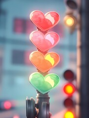 Heart shaped traffic light with colorful lights.