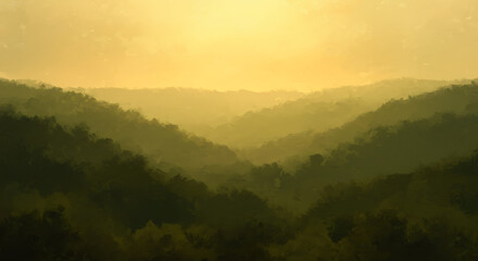 Obraz premium Misty Forested Valley Atmospheric Haze Warm Light Digital Illustration