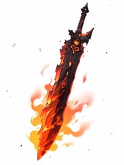 Black fantasy dagger with intricate designs, crackling molten energy, magic weapon, white background.