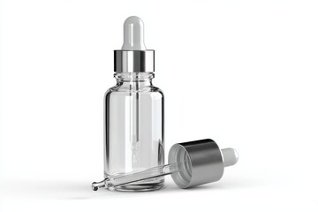 Fototapeta premium Glass dropper bottle with silver cap and pipette, ideal for essential oils, serums, and skincare products, on a white background, showcasing elegance and simplicity