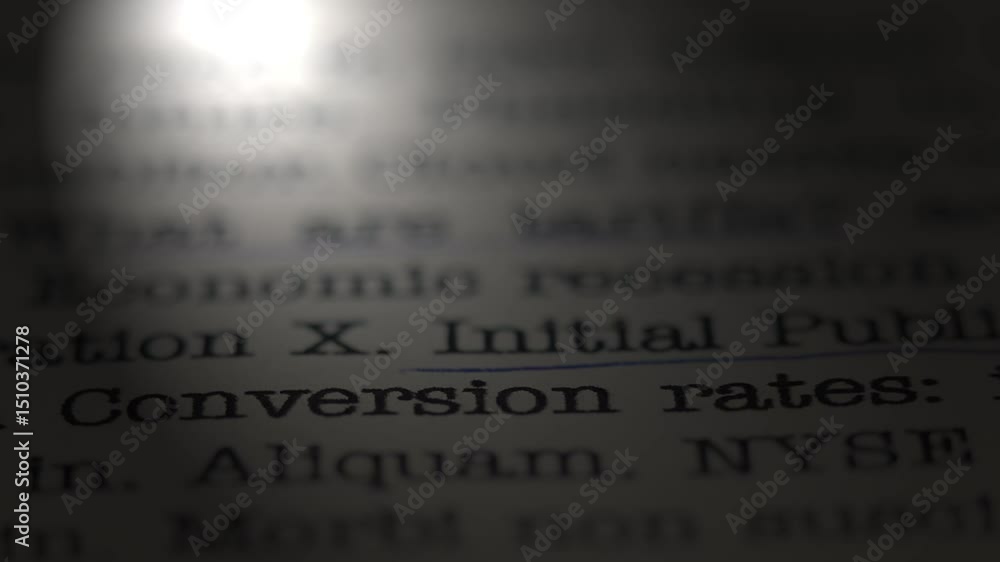 Poster the topic of conversion rates. moving text printed on a page. slow motion. a piece of paper with a p