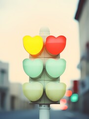 Heart shaped traffic light in blurred cityscape.