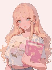 Anime style young woman, blonde hair, blue eyes, ear piercings, holding pink book, gazing directly at viewer.