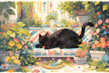 Black anime cat sleeping on bench in lush garden with flowers