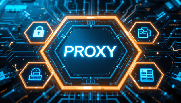 Person using virtual touch screen push word PROXY. Proxy Cyber Security Information Technology Web Concepts.