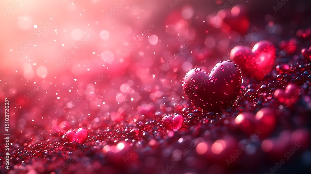 Poster romantic red hearts and glittering bokeh particles create a beautiful high resolution image