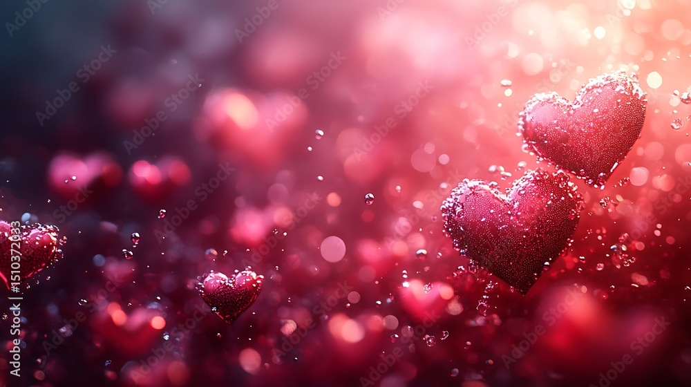 Aufkleber romantic red hearts floating amidst bubbles and bokeh in high resolution image.