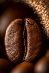 Coffee Bean Close-Up: A high-definition macro shot reveals the rich texture and detail of a single coffee bean, emphasizing the depth of its color and the essence of its origin.