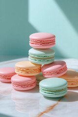 Delicate Macarons Tower: A stack of colorful macarons in pastel shades casts a soft shadow, showcasing the delicate sweetness and artistry of these classic French treats.