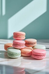 Sweet Delight: A colorful assortment of delicate macarons arranged on a marble surface. Each bite-sized treat, with their pastel hues, embodies the essence of luxury.
