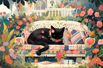 A black cat with a pink flower necklace sleeps peacefully on a quilted bench amidst a lush garden, surrounded by colorful flowers and greenery.