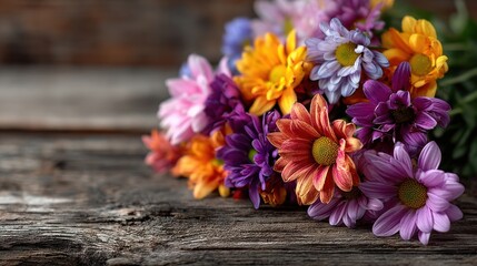 Close-up bunch of fresh colorful flowers on wooden table, empty copyspace on right 