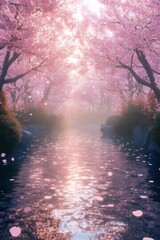 Enchanting Cherry Blossom Pathway: A serene pathway adorned with blossoming cherry trees reflects beautifully in the still water. A captivating scene of nature's exquisite beauty