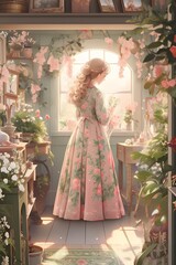Anime woman, serene indoor scene, botanical theme, pink floral dress, holding flower, gazing out window, plants, paintings.