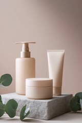 Minimalist Skincare Ritual: A serene presentation of skincare products, showcasing natural cosmetics against a soft, muted backdrop with eucalyptus accents.