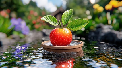 Red Apple with Green Leaves Floating on a Calm Stream