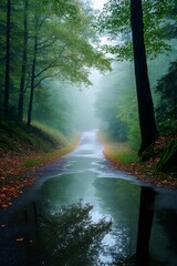 Road Through the Mist: A tranquil road winds through a lush forest, shrouded in a soft mist. The serene scene captures the beauty of nature and the quiet introspection it can inspire. 
