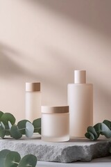 Skincare Trio with Eucalyptus: A minimalist still-life featuring a serene arrangement of skincare products complemented by sprigs of fresh eucalyptus, set against a soft, neutral backdrop.