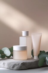 Serene Skincare Essentials: A minimalist display of skincare products showcases an array of essential items, evoking a sense of tranquility and beauty through its soft aesthetic.