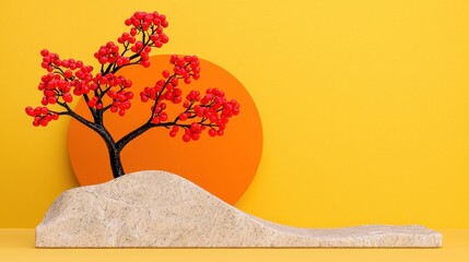 Red Beaded Bonsai Tree on Beige Sand Dune Against Yellow Background