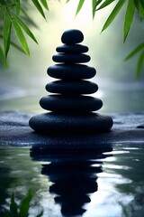 Serene Stacked Stones: A perfectly balanced stack of smooth, dark stones sits serenely by a calm body of water, reflected in its still surface. Lush green bamboo leaves frame the scene. 