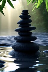 Zen stones in water: a harmonious and serene visual, showcasing the artistry of stacked zen stones in tranquil water, a perfect representation of inner peace and mindfulness.