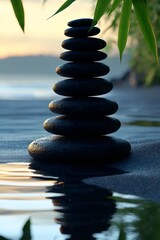 Zen Stone Meditation: A harmonious arrangement of balanced, smooth black stones stacked serenely atop a sandy surface, reflecting gracefully in calm water, accompanied by verdant bamboo.
