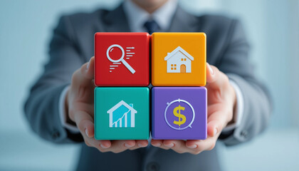 Real estate agent or client using virtual touch screen presses inscription REAL ESTATE. Concept of real estate taxes, insurance, investments