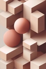 Geometric Serenity: An abstract composition showcases geometric precision with intersecting cubes and spheres, bathed in soft, warm tones and a sense of modern minimalism. 