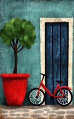 Red Bicycle Leaned Against Blue Door Near Small Tree in Pot