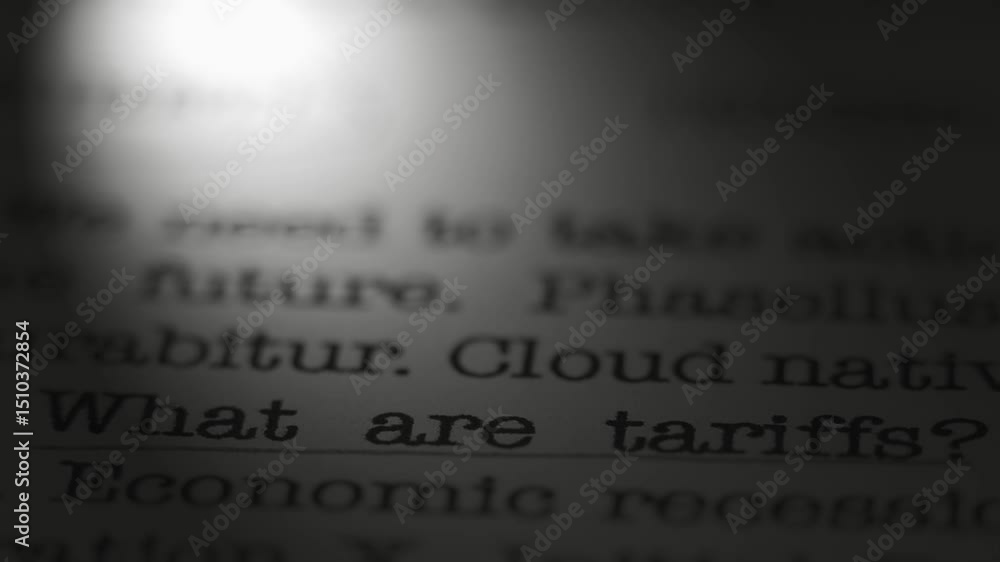 Poster what are tariffs. topic of economy. moving text printed on a page. headline. a piece of paper with a