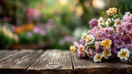 Close-up bunch of colorful flowers on wooden table with blurred garden background, copyspace right