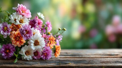 Close-up bunch of colorful flowers on wooden table with blurred garden background, copyspace right