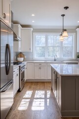 Modern Kitchen Design: Sunlight streams through large windows illuminating a modern kitchen with stainless steel appliances, white cabinets and a light gray island.