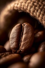 Aromatic Roasted Coffee Bean: An inviting close-up shot showcasing the rich texture and dark allure of a single roasted coffee bean, spilling out of a burlap sack, evoking the simple pleasure.
