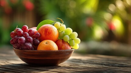 Close-up bowl with apples, oranges, and grapes on wood table in lush garden, copyspace top