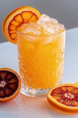 Vibrant Orange Juice Delight: A close-up shot captures an exquisite glass of freshly squeezed orange juice, showcasing its vibrant color. Garnished with an orange slice, it's a visual treat.