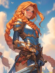 Fantasy warrior with orange braids, blue armor, sword, gentle smile, blue sky, birds