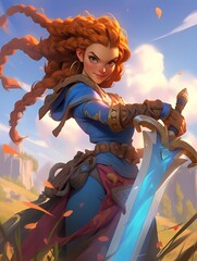 Anime fantasy illustration of a confident warrior character with orange hair, cobalt blue attire, standing in a spring field, holding a sword.