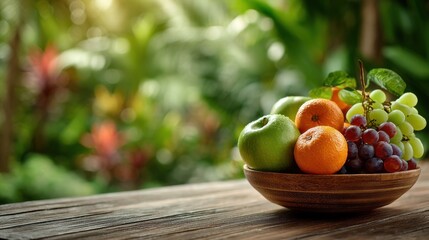 Close-up bowl with apples, oranges, and grapes on wood table in lush garden, copyspace top